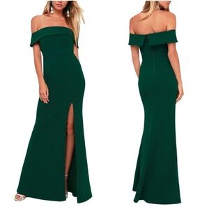 Lulus Aveline Forest Green Off-the-Shoulder Maxi Dress Holiday Formal Party. G52